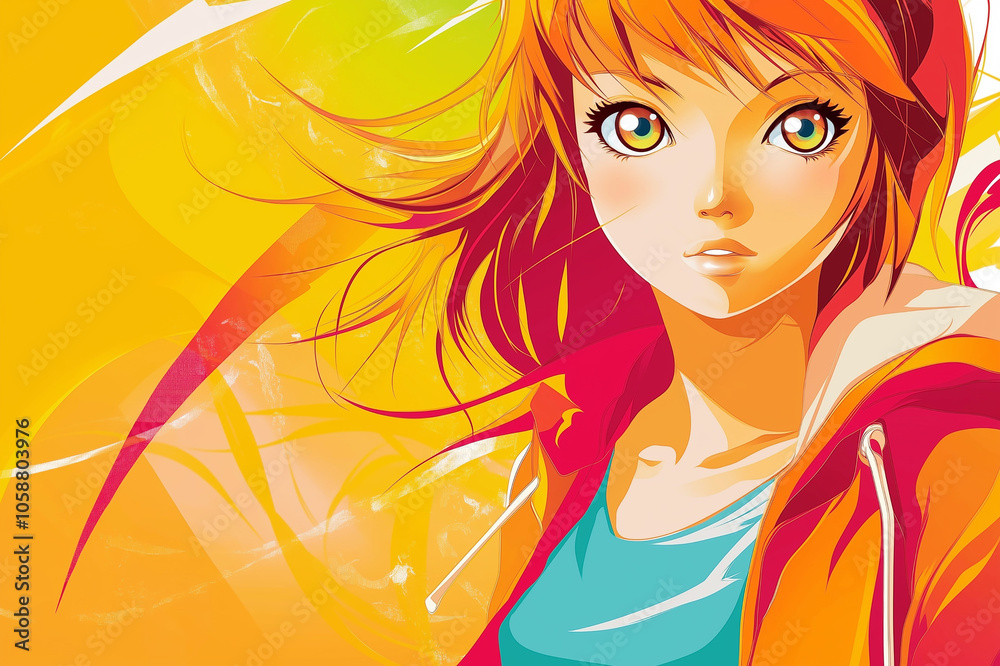 Dynamic portrait of a young woman with vibrant orange and yellow background, her hair flowing with energy, creating an expressive and lively atmosphere. Dynamic portrait of a young woman with vibrant orange and yellow background, her hair flowing with energy, creating an expressive and lively atmosphere.