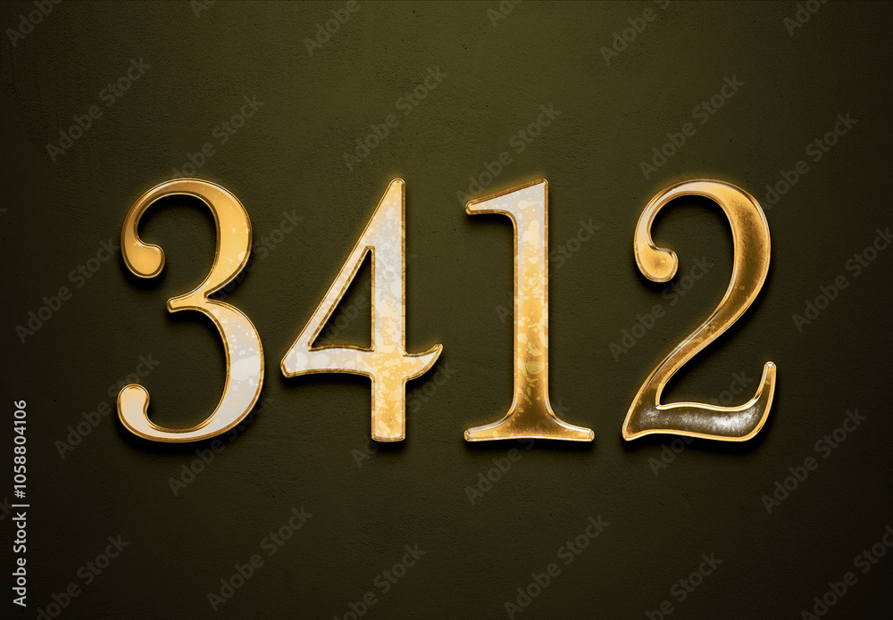 Old gold effect of 3412 number with 3D glossy style Mockup.	