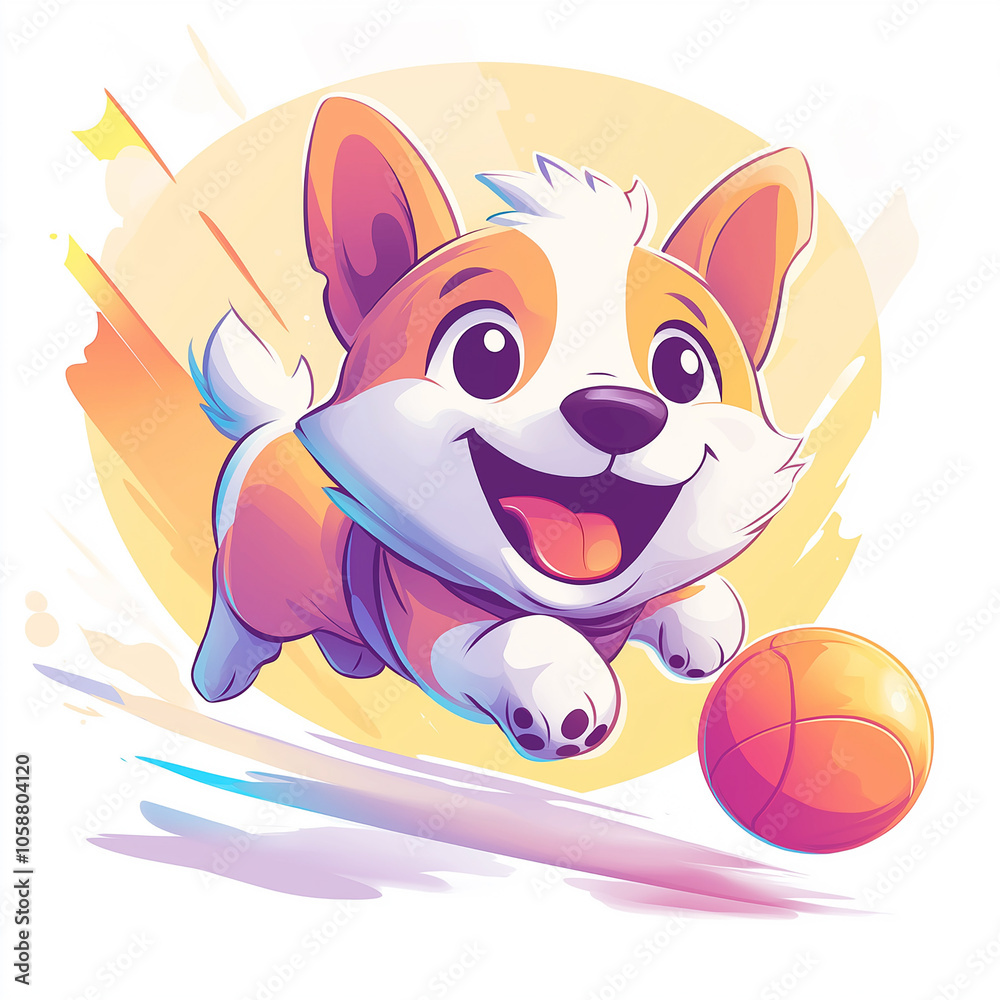 A joyful cartoon corgi playing with a ball, leaping in excitement with a cheerful expression, against a light background. Ideal for pet and playful themes. A joyful cartoon corgi playing with a ball, leaping in excitement with a cheerful expression, against a light background. Ideal for pet and playful themes.