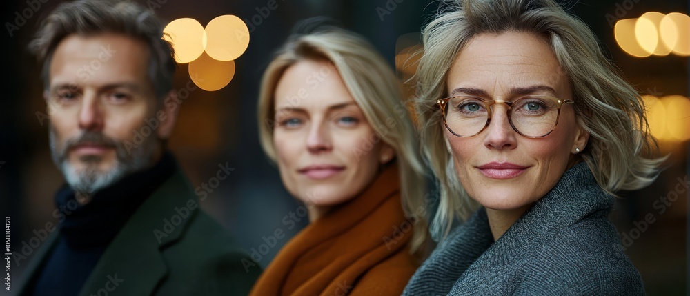 Obraz premium A woman in glasses and another women with blonde hair, both wearing glasses, look directly at the camera..A man in a green coat stands beside them