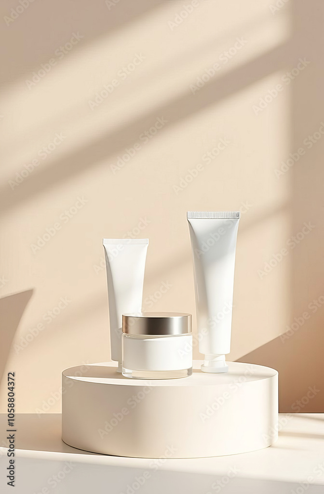 Set of jars and tubes for cosmetics without labels, podium, mockup. Light background, shadows.