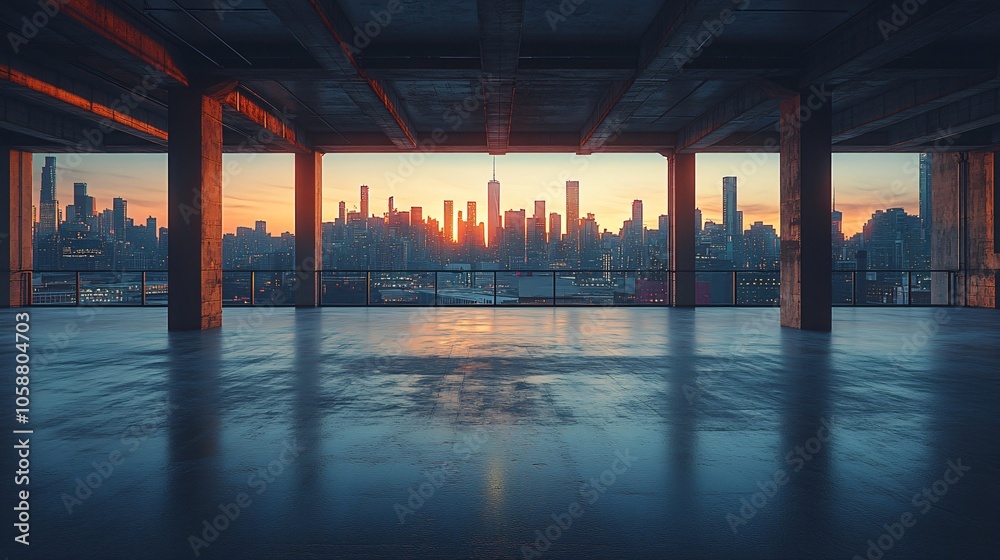 Nighttime City Center with Platforms, Roads, Parking Lot, and Brick Pavement for Car Advertisement Background