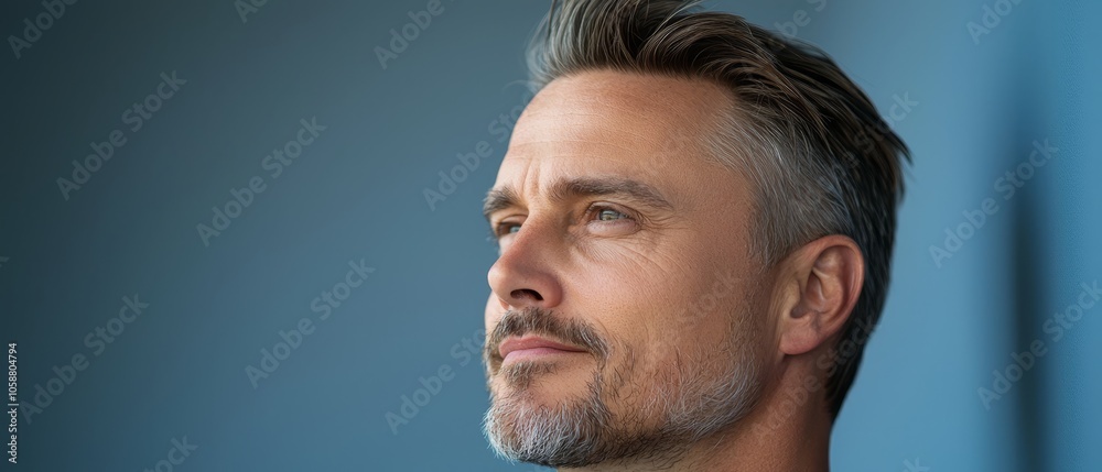Fototapeta premium A man with a goatee gazes to the side in this close-up image