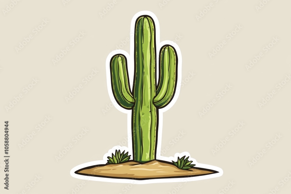 A solitary cactus stands tall in the middle of a desert, surrounded by sand and rock formations A solitary cactus stands tall in the middle of a desert, surrounded by sand and rock formations