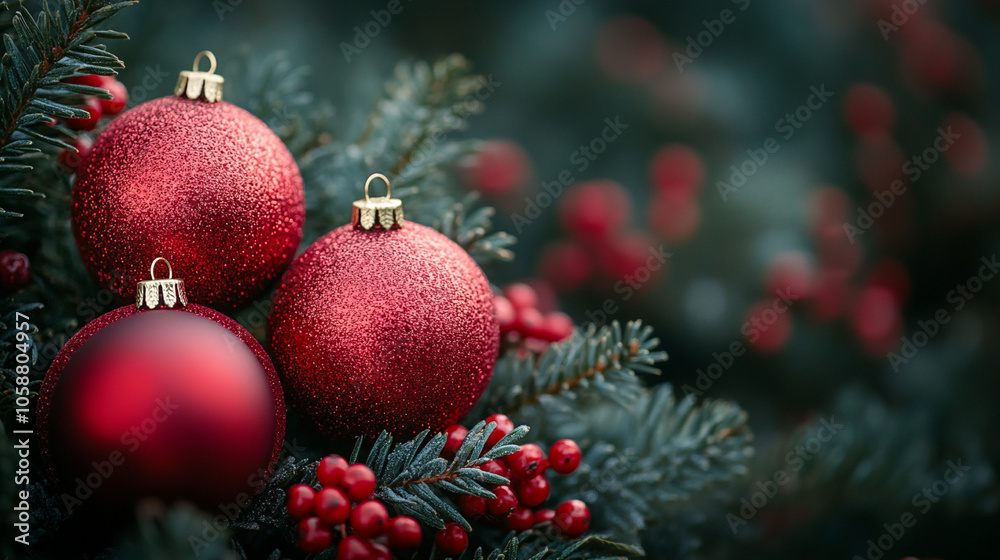Red Christmas Balls Surrounded by Fir Branches evoking festive holiday spirit. Red Christmas Balls Surrounded by Fir Branches evoking festive holiday spirit.