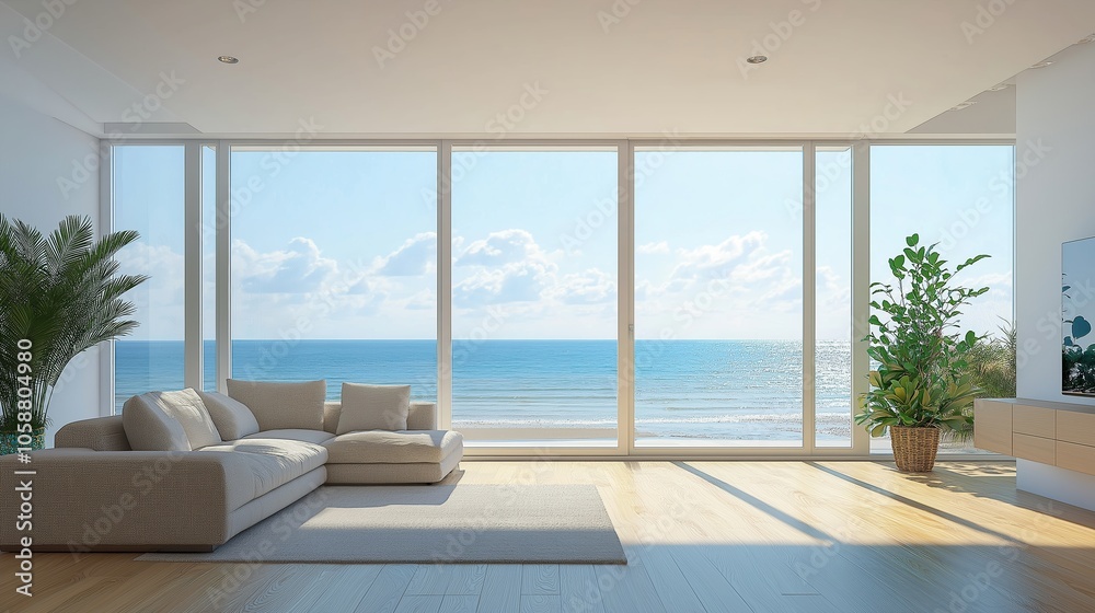 Fototapeta premium Interior with large window sea view
