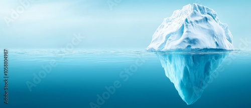  A bright blue sky backs an iceberg, afloat in the ocean, with scattered clouds photo