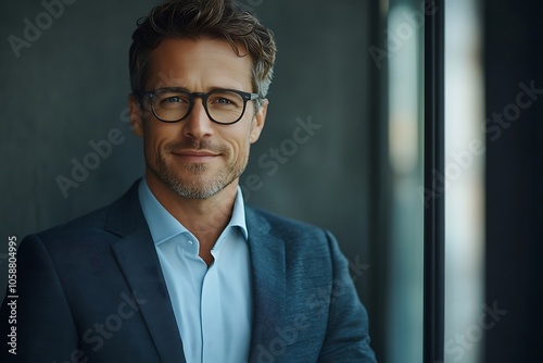 Smiling Businessman in Glasses and Suit Jacket