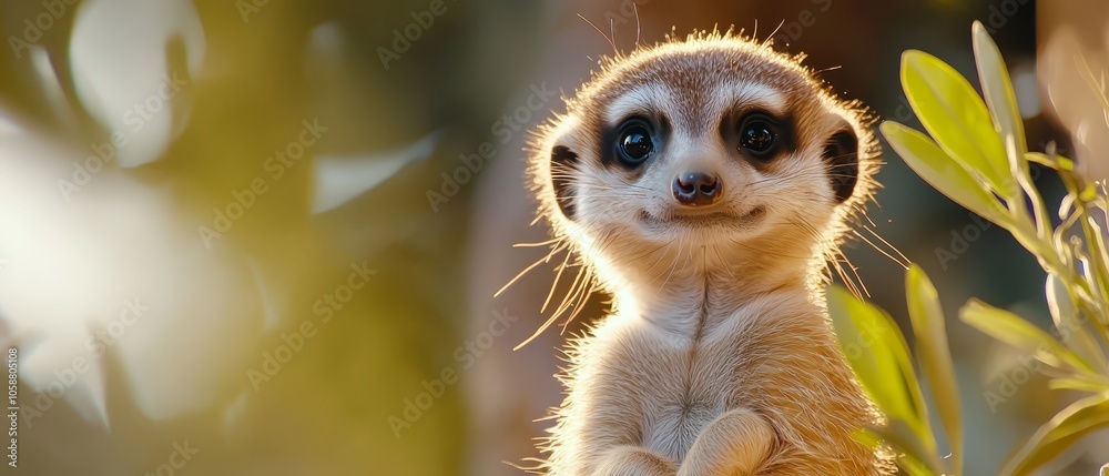 Fototapeta premium A meerkat perched on hind legs, front paws gripping a tree branch, gazes into camera