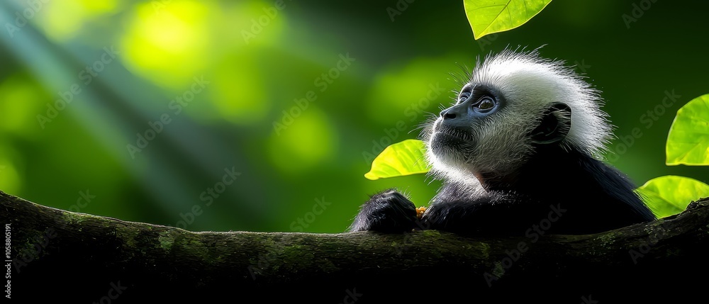 Obraz premium A monkey in black and white sits on a tree branch, surrounded by green foliage Behind it, a bright light illuminates