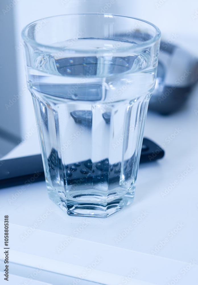 a glass of water on the nightstand table, reflecting the remote and bedside clock a glass of water on the nightstand table, reflecting the remote and bedside clock