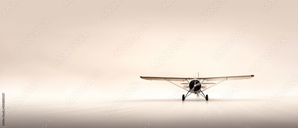 A small plane rests atop a white floor, adjacent to a light brown wall, occupying the room's center A small plane rests atop a white floor, adjacent to a light brown wall, occupying the room's center