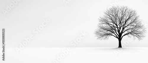  A monochrome image of a leafless tree against a snow-covered ground and a whitebacked sky photo