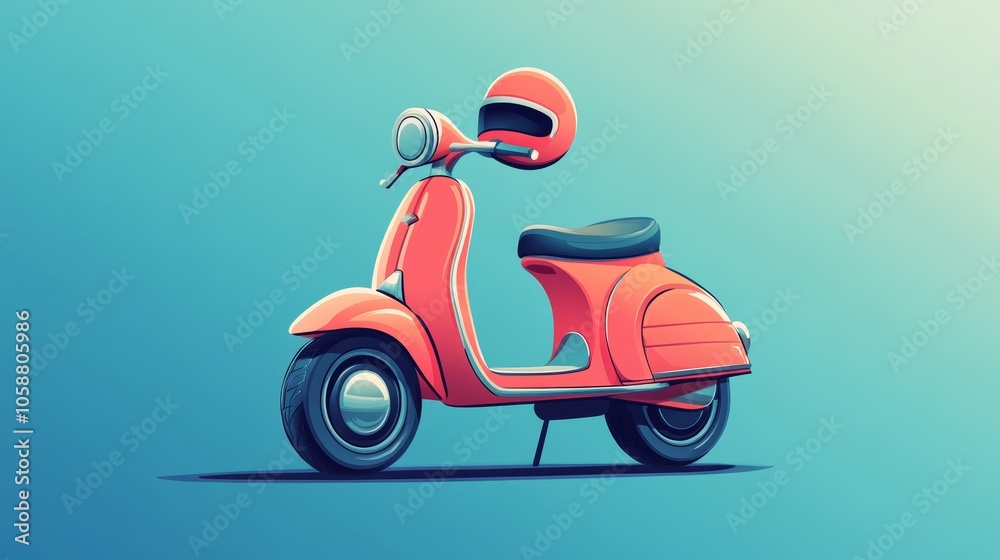 A classic red scooter with its helmet rests against a teal background, exuding a sense of freedom and retro nostalgia with its sleek, minimalist design. A classic red scooter with its helmet rests against a teal background, exuding a sense of freedom and retro nostalgia with its sleek, minimalist design.