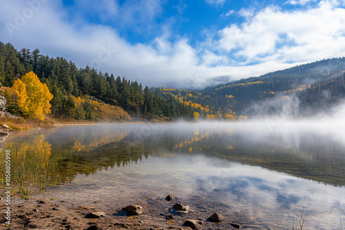 Misty morning at the tranquil mountain lake in autumn