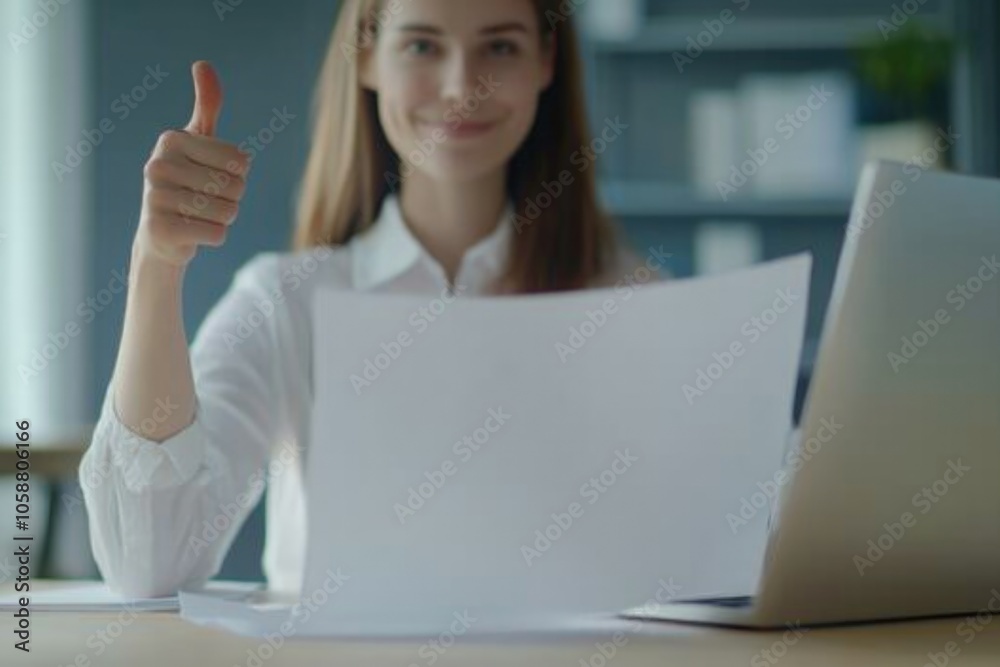A woman sits at a desk and gives a thumbs up, possibly indicating satisfaction or approval A woman sits at a desk and gives a thumbs up, possibly indicating satisfaction or approval