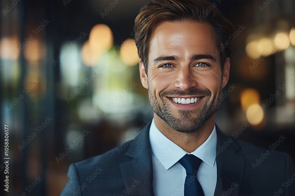 Smiling Businessman in Navy Blue Suit - Approachable & Classy Smiling Businessman in Navy Blue Suit - Approachable & Classy
