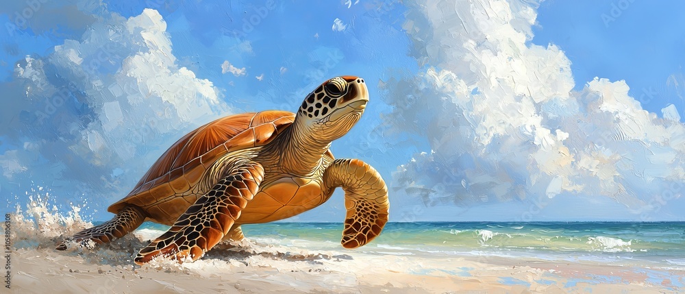 Obraz premium A turtle emerging from the water onto a sandy beach against a backdrop of a blue sky and scattered clouds