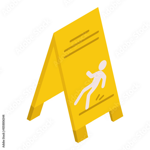 caution slippery Floor isometric concept, Wet surface yellow signage vector icon design, Housekeeping symbol, Home cleaning sign, Janitorial and Sanitation stock illustration