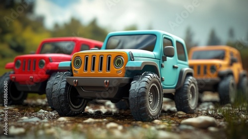 Three toy vehicles parked side by side, ideal for illustration or design projects photo