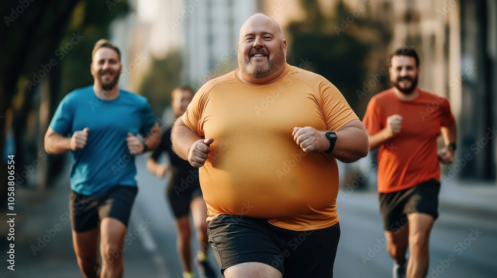 Group of diverse men jogging outdoors for fitness in urban setting, wearing colorful athletic clothing, including an orange shirt, smiling and enjoying exercise amidst city background. Group of diverse men jogging outdoors for fitness in urban setting, wearing colorful athletic clothing, including an orange shirt, smiling and enjoying exercise amidst city background.