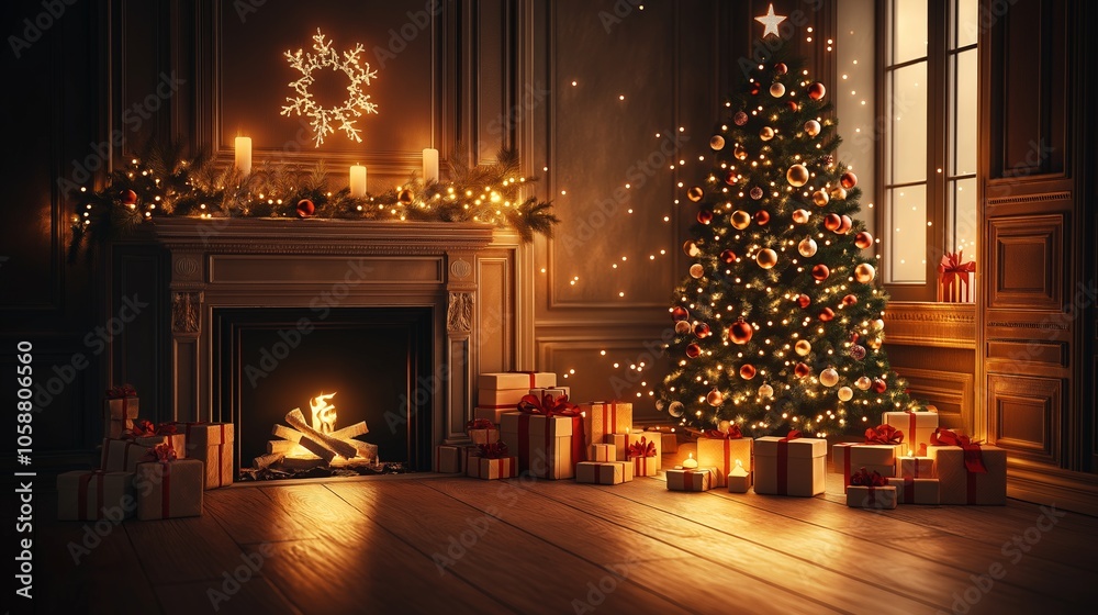 Obraz premium A cozy Christmas living room with fireplace
