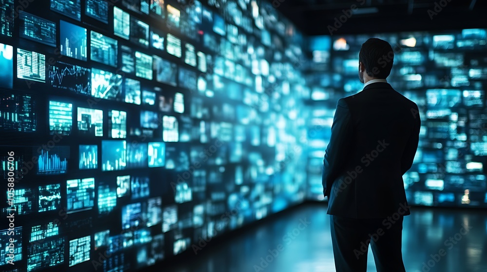 Man Looking at Data Screens Clean Blank Canvas with Empty Space for Designs Man Looking at Data Screens Clean Blank Canvas with Empty Space for Designs