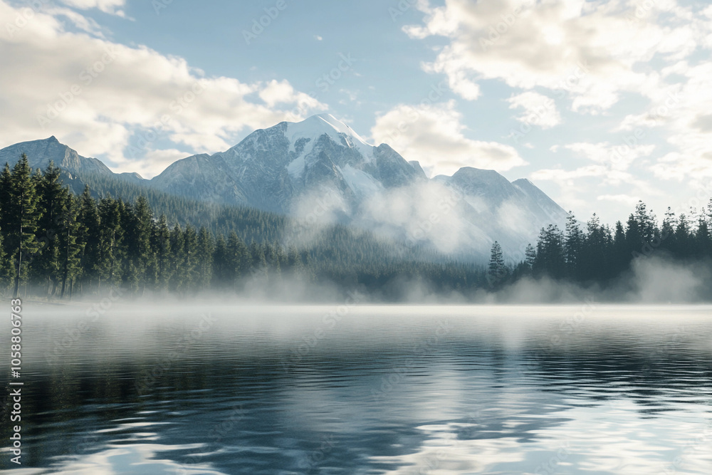 Mist rises over tranquil lake with mountains at dawn Mist rises over tranquil lake with mountains at dawn