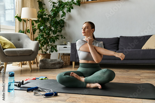 A young woman in active wear performs stretches at home, focused and preparing for her workout routine. photo