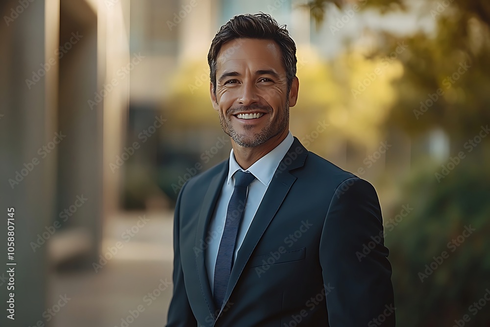 Smiling Businessman in Navy Blue Suit Looking at Camera Outside Smiling Businessman in Navy Blue Suit Looking at Camera Outside