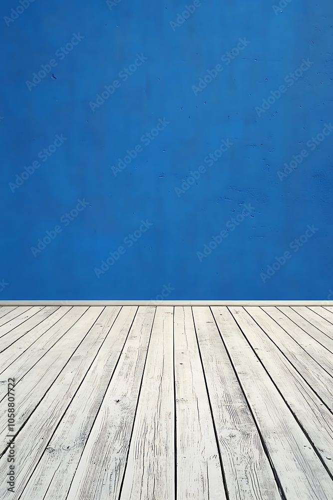 Fototapeta premium Blue Wall and White Wooden Floor Smooth Blue Background with Copy Space for Advertisements