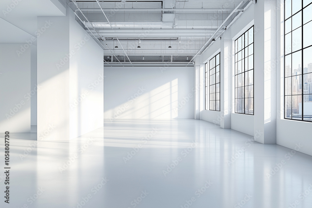 Fototapeta premium Modern empty art gallery with white walls and large windows