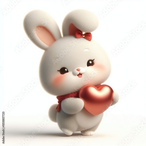 3d Cute fluffy christmas bunny doing mini heart pose, full body, white background