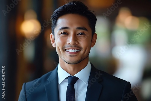 Smiling Businessman in Navy Blue Suit with Dimples and White Teeth Portrait