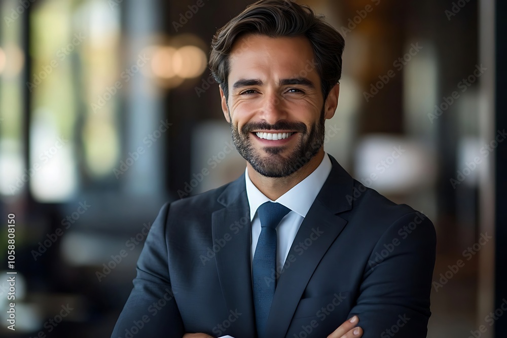 Smiling Businessman in Navy Blue Suit, Confident and Friendly Portrait Smiling Businessman in Navy Blue Suit, Confident and Friendly Portrait