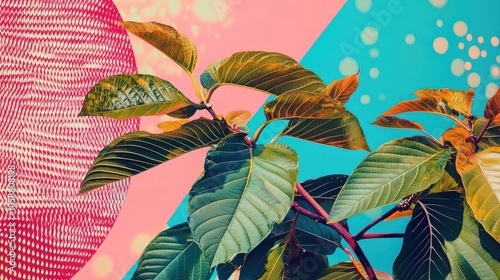Artistic representation of kratom plant designed with a modern twist, incorporating vibrant colors and unique patterns, perfect for projects needing kratom imagery with copy space.