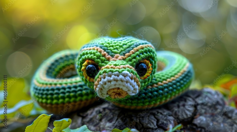 A captivating crochet snake amigurumi features striking green and yellow hues, coiled realistically on forest floor, exhibiting intricate design and craftsmanship. A captivating crochet snake amigurumi features striking green and yellow hues, coiled realistically on forest floor, exhibiting intricate design and craftsmanship.