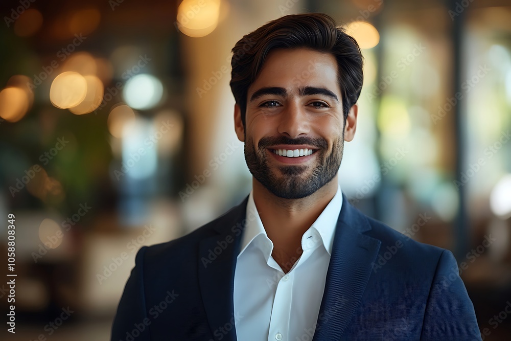 Smiling Businessman in Navy Blue Suit, Confident and Friendly Smiling Businessman in Navy Blue Suit, Confident and Friendly
