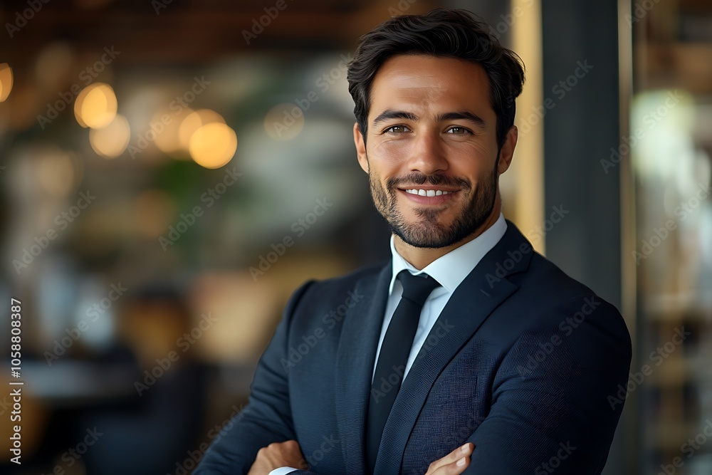 Smiling Businessman in Navy Blue Suit, Indoor Headshot with Natural Lighting. Smiling Businessman in Navy Blue Suit, Indoor Headshot with Natural Lighting.