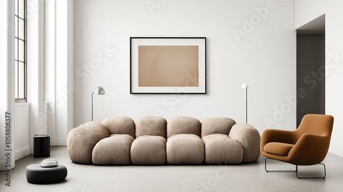 Contemporary living room with a soft beige sofa, modern armchair, floor lamps, wall art, and a large window with natural light creating a minimalistic and cozy atmosphere.