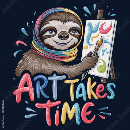 T-Shirt Design Featuring a Cute Sloth Painting Colorful Canvas - Art Takes Time