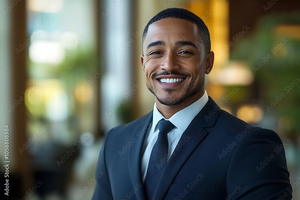 Smiling Businessman in Navy Suit and Tie, Confident and Successful Smiling Businessman in Navy Suit and Tie, Confident and Successful