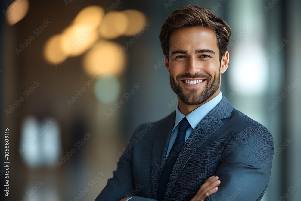 Smiling Businessman in Navy Suit and White Shirt with Blurred Background