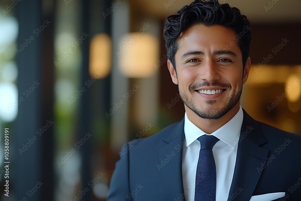 Smiling Businessman in Navy Suit and White Shirt - Confident and Professional Smiling Businessman in Navy Suit and White Shirt - Confident and Professional
