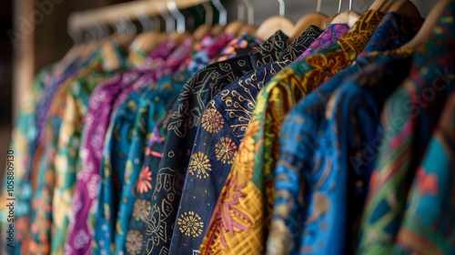 A collection of colorful, intricately patterned shirts displayed on hangers, showcasing various designs and styles that blend art, culture, and fashion seamlessly.