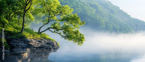  A tree on the forest's edge, atop a cliff, overlooking water
