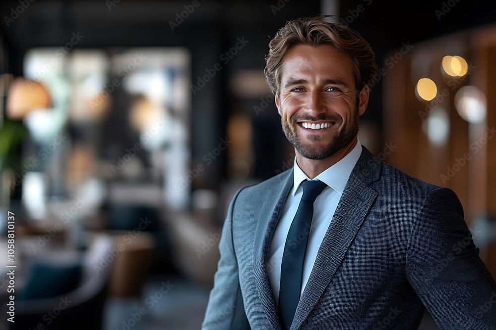 Smiling Businessman in Office Setting with Tie Knot Smiling Businessman in Office Setting with Tie Knot