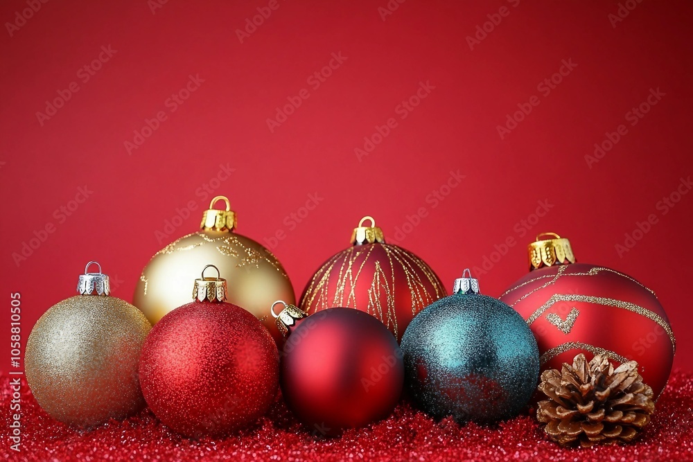 Christmas ornaments on red background Christmas ornaments on red background