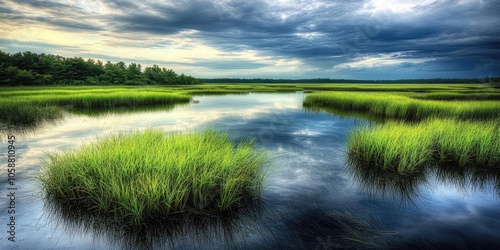 A peaceful marsh area, featuring vibrant green rush grass and abundant vegetation, is mirrored in still waters beneath a cloudy sky, showcasing a serene natural landscape and ecosystem.