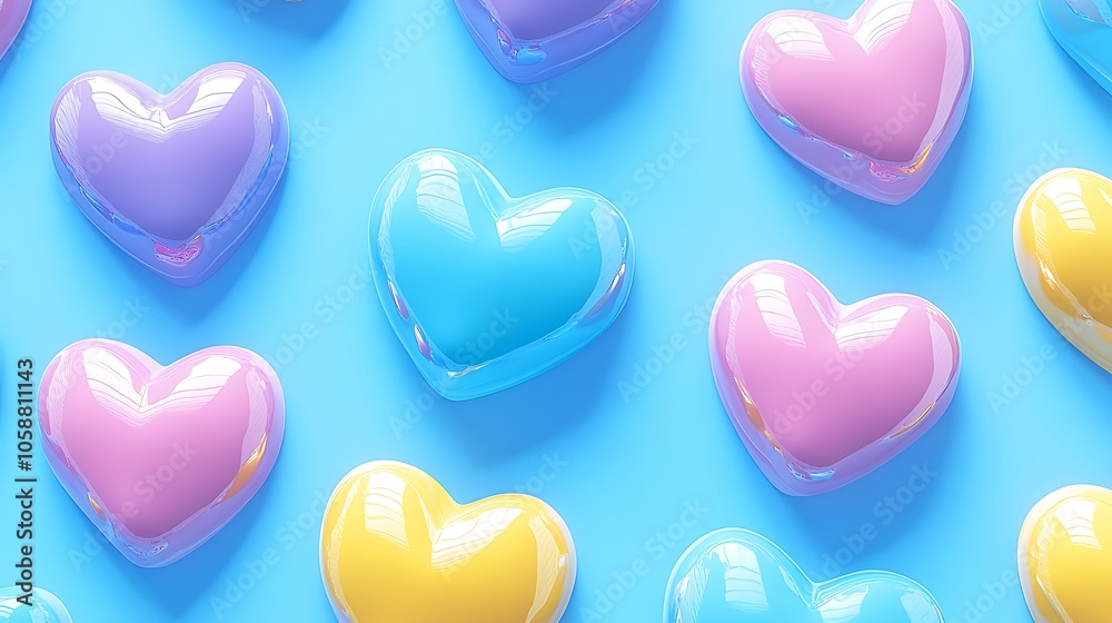 Fototapeta premium Colorful Hearts on Blue Background Minimalist White Background with Space for Text